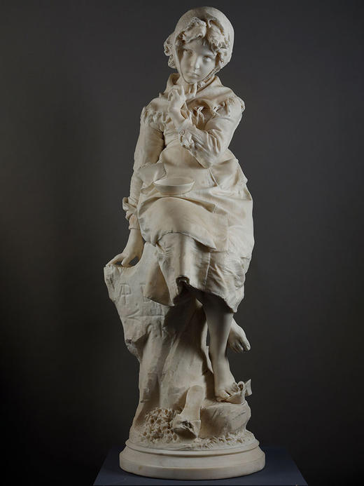 独角鹿西洋古董1881年代意大利雕塑大师Enrico Butti签名创作《沉思的少女》大理石雕塑 商品图0