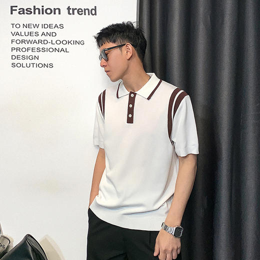 徐太浪美式撞色条纹短袖T恤男夏季潮牌宽松大码亨利领五分袖上衣 商品图1