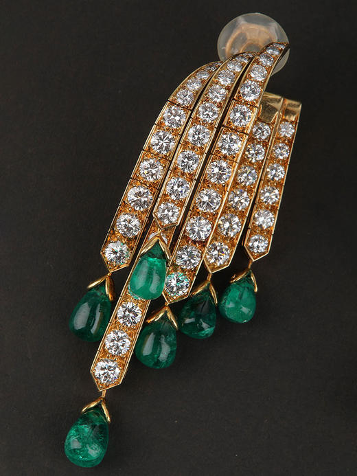 独角鹿西洋古董1980年代法国出品18K黄金镶嵌钻石祖母绿耳坠 商品图1