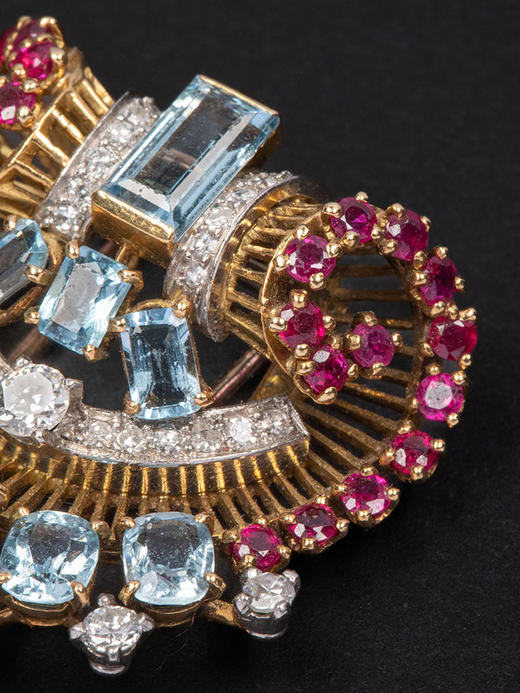 独角鹿西洋古董1940年代法国出品装饰艺术风格金银镶嵌钻石海蓝宝红宝石胸针一对 商品图4