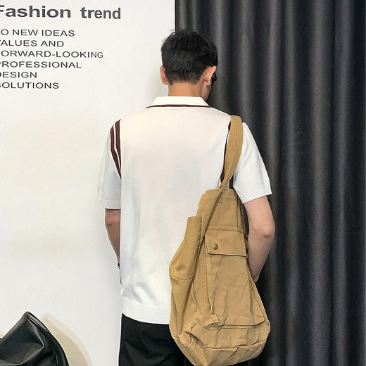 徐太浪美式撞色条纹短袖T恤男夏季潮牌宽松大码亨利领五分袖上衣 商品图3