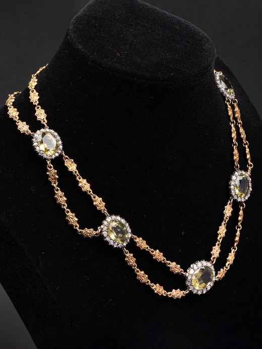 独角鹿西洋古董19世纪中期比利时出品18K黄金镶嵌钻石及绿水晶项链 商品图5