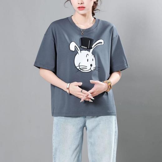 韩版宽松大码套头落肩短袖T恤女2024春夏新款印花刺绣显瘦上衣 商品图2