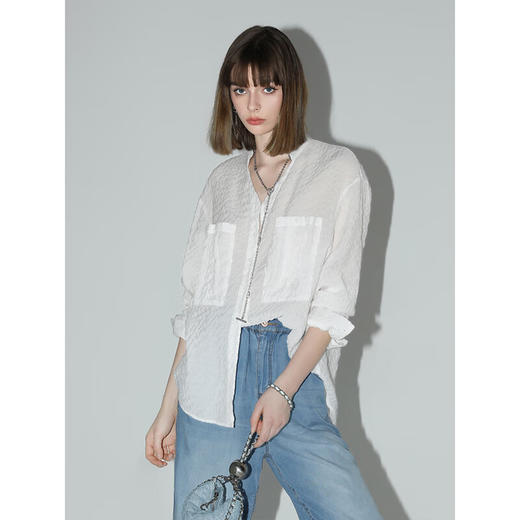 COCOBELLA肌理感泡泡皱莱赛尔遮阳白衬衫OL小立领衬衣SR0013 商品图3