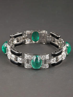 独角鹿西洋古董1925年代法国出品装饰艺术风格铂金镶嵌祖母绿钻石手链