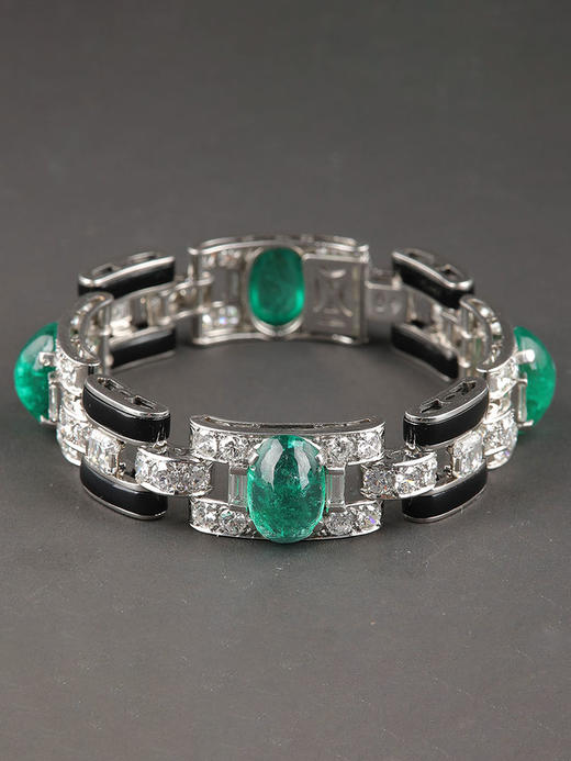 独角鹿西洋古董1925年代法国出品装饰艺术风格铂金镶嵌祖母绿钻石手链 商品图0