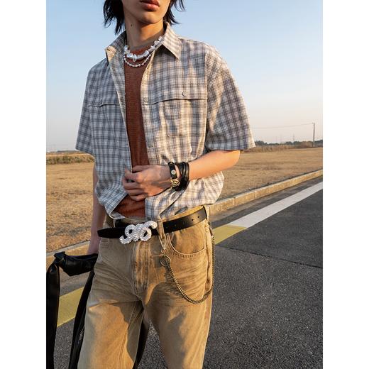 GOODBAI 916 纽扣格纹短袖衬衫 商品图0