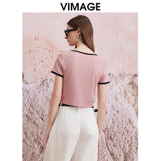VIMAGE纬漫纪夏季新款百搭通勤方领撞色短款T恤上衣V2102711 商品图4