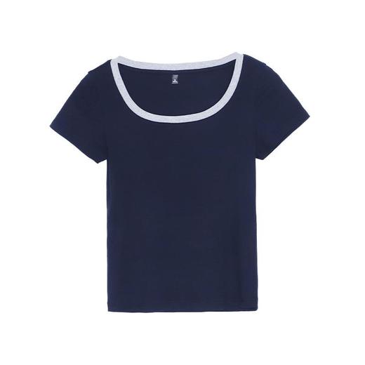 凉感法式氛围感方领撞色短袖T恤女2024夏季新款套头修身上衣 商品图4