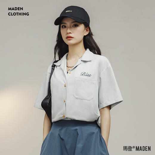 马登刺绣古巴领衬衣宽松设计感短袖小众休闲上衣内搭叠穿薄夏季女 商品图0