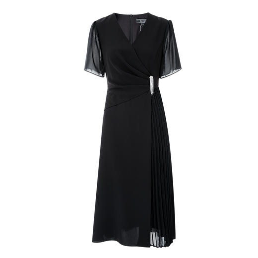 EITIE爱特爱气质优雅流苏腰饰压褶V领通勤黑色连衣裙夏季新款B2407340 商品图5