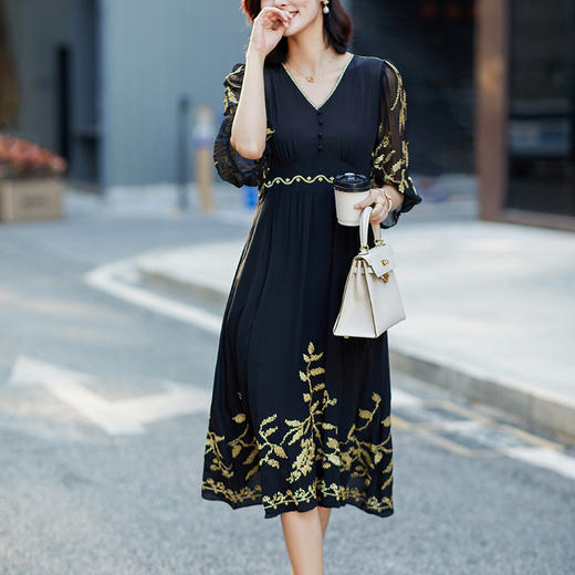 丁摩重工刺绣真丝中长款连衣裙AL90255 商品图2