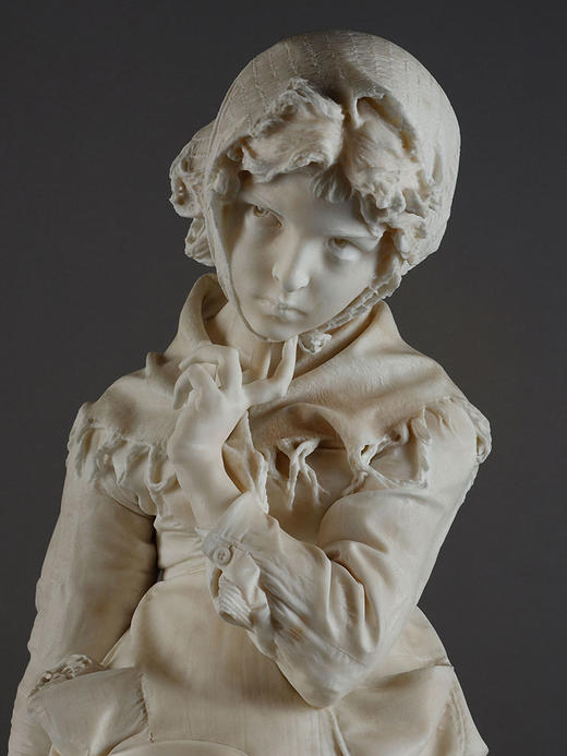 独角鹿西洋古董1881年代意大利雕塑大师Enrico Butti签名创作《沉思的少女》大理石雕塑 商品图2