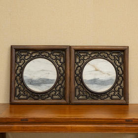 清 榉木框红木镶云石透雕云纹画板（一对）