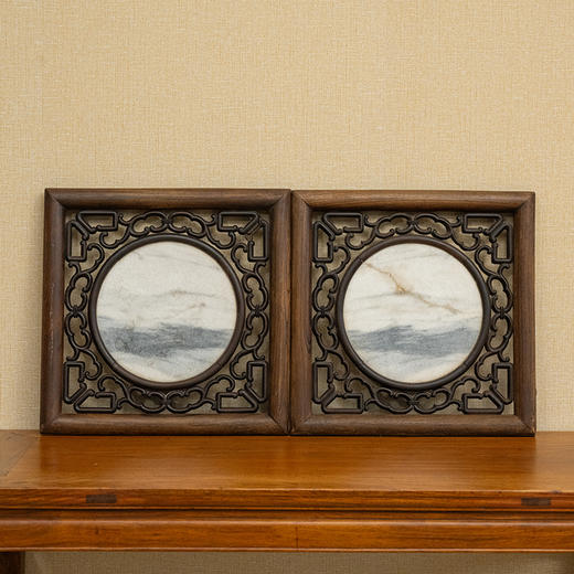 清 榉木框红木镶云石透雕云纹画板（一对） 商品图0