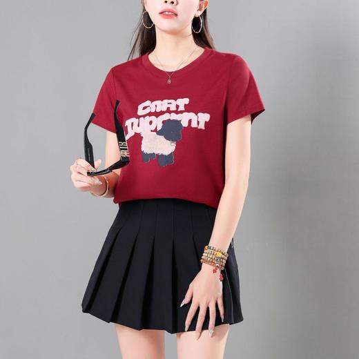 韩版圆领复古印花短袖T恤女2024春夏新款宽松显瘦正肩套头上衣 商品图1