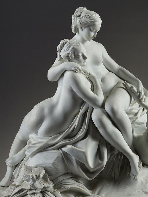 独角鹿西洋古董1986年代法国御窑塞弗尔设计出品素胎瓷群像雕塑《丽达与天鹅》 商品图2