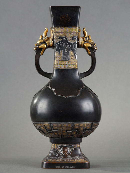 独角鹿西洋古董19世纪末法国出品东方风格精雕双龙首耳铜瓶摆件 商品图1