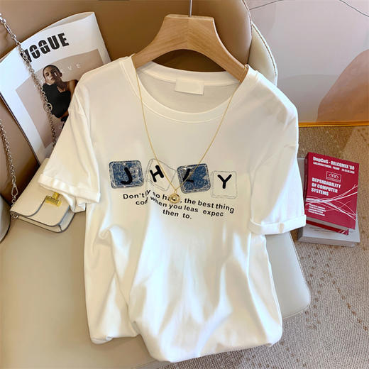 字母镶钻印花短袖T恤女宽松显瘦夏季休闲百搭上衣YXSX50318 商品图0