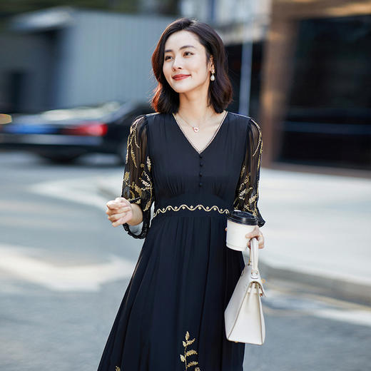 丁摩重工刺绣真丝中长款连衣裙AL90255 商品图0