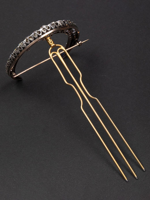独角鹿西洋古董19世纪末欧洲出品18K黄金镶嵌钻石新月造型胸针/发钗 商品图4