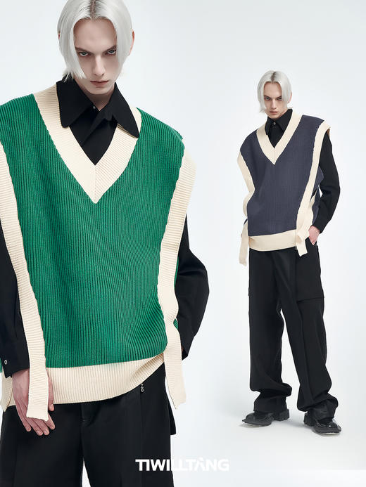 TIWILLTANG启世录 双飘带廓形针织套头马甲撞色毛衣  绿米/绿紫 商品图0