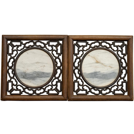 清 榉木框红木镶云石透雕云纹画板（一对） 商品图5