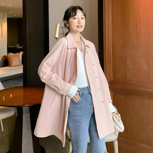 欧芮儿春夏新款长袖系带收腰风衣女中长款显瘦珍珠扣外套 商品图1