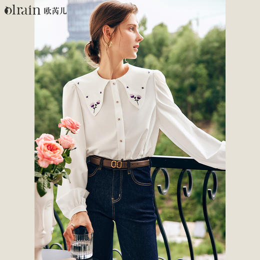 OLrain欧芮儿法式白色雪纺衫女早秋2022新款减龄刺绣领泡泡袖衬衣 商品图2