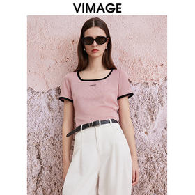 VIMAGE纬漫纪夏季新款百搭通勤方领撞色短款T恤上衣V2102711