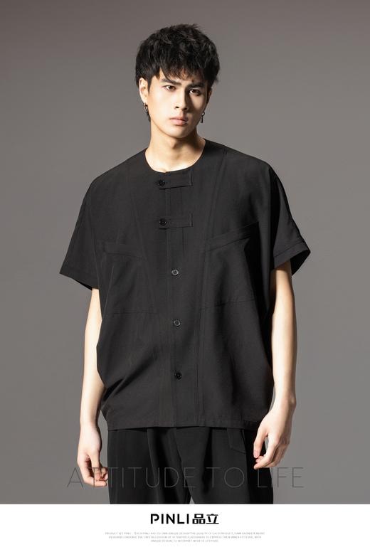 PINLI品立2024夏季新款国潮宽松无领短袖衬衫男士连肩袖休闲衬衣B242113049 商品图7