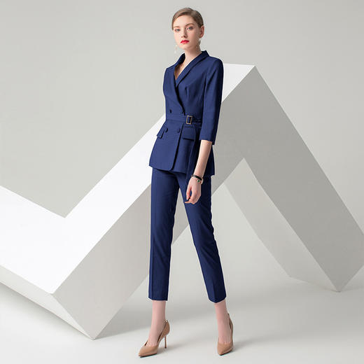 IWY/藏青色七分袖千鸟格时尚气质女神职场商务OL工作服高端职业西服套装女C10387+PS10310 商品图1