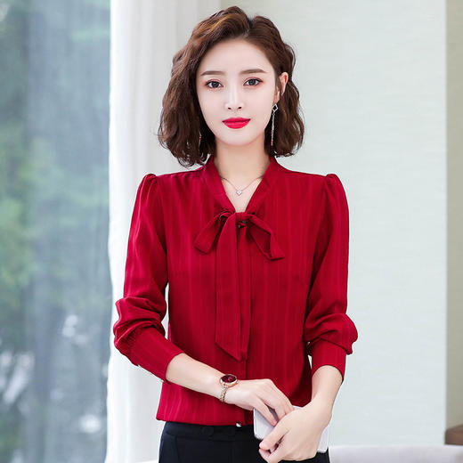 蝴蝶结衬衫，春秋款复古条纹衬衣TR-6006 商品图1