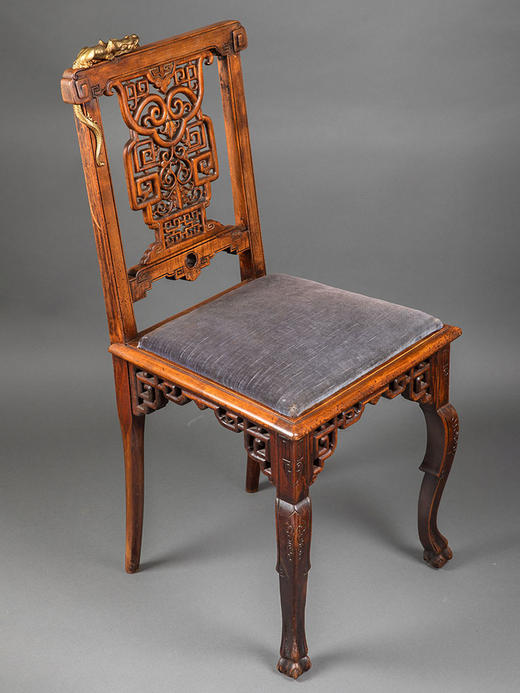 独角鹿西洋古董19世纪法国出品维多东方风格祥纹镂雕蟠龙木鎏金装饰单人椅一对 商品图1