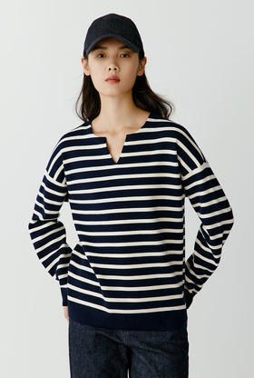 半精纺棉羊绒针织衫 条纹设计明快有活力 棉纱与山羊绒混纺 半精纺工艺条干均匀 恰当松量 领型独特