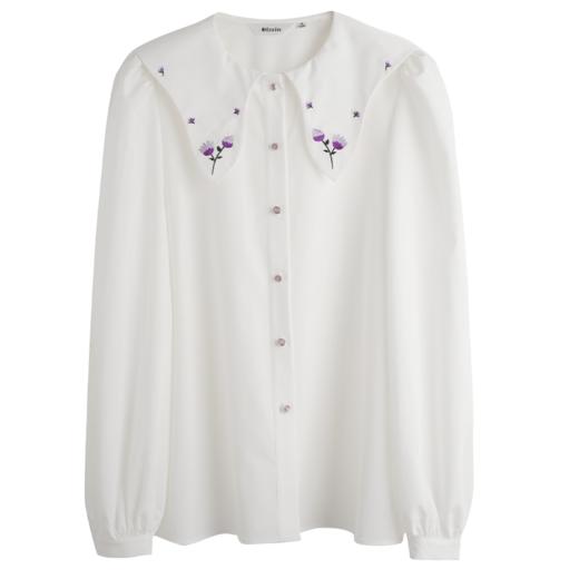 OLrain欧芮儿法式白色雪纺衫女早秋2022新款减龄刺绣领泡泡袖衬衣 商品图5