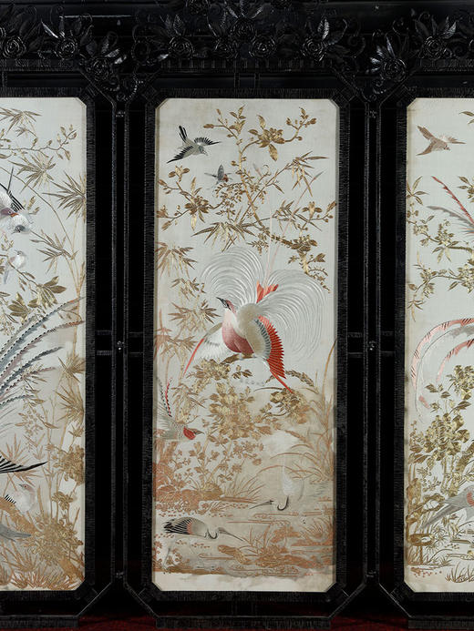 独角鹿西洋古董19世纪中国出品传统「五伦图」主题白缎地粤绣屏风 商品图2