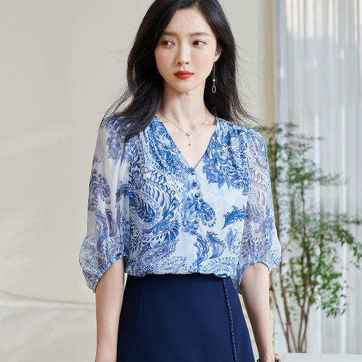 青瓷真丝衬衫 5A桑蚕丝双绉面料 柔润透气  上身若无物 米思阳2026春季新款设计感独特衬衫印花上衣女0803 商品图1