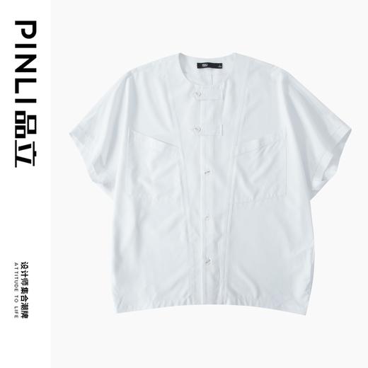 PINLI品立2024夏季新款国潮宽松无领短袖衬衫男士连肩袖休闲衬衣B242113049 商品图4