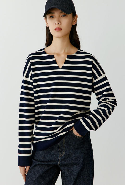 半精纺棉羊绒针织衫 条纹设计明快有活力 棉纱与山羊绒混纺 半精纺工艺条干均匀 恰当松量 领型独特 商品图2