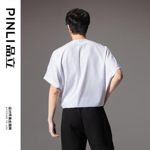 PINLI品立2024夏季新款国潮宽松无领短袖衬衫男士连肩袖休闲衬衣B242113049 商品图3