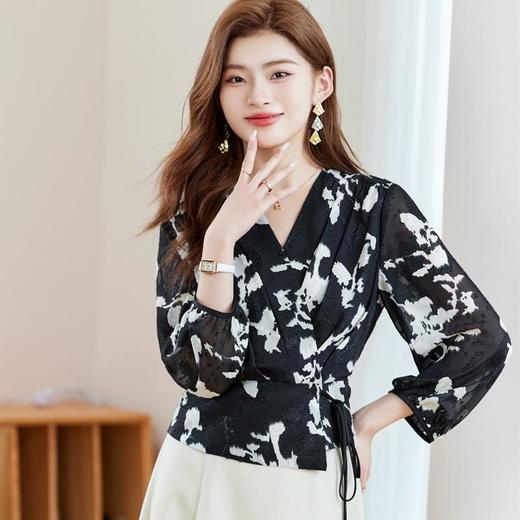 七分袖印花雪纺衫上衣2024春夏新款V领洋气小衫女衬衣1850 商品图2