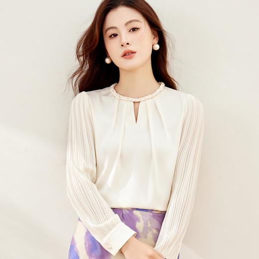 醋酸缎面雪纺衫女上衣2024春装新款小衫压皱长袖女衬衣8882 商品图0