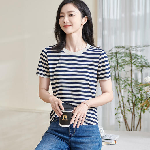 【剩S/M】米思阳2025时尚休闲条纹T恤褶皱纯棉高级感短袖宽松弹力上衣0565 商品图4