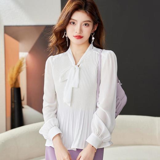 白色蝴蝶结雪纺衫2024春装新款小衫风琴褶职业女衬衣1759 商品图0