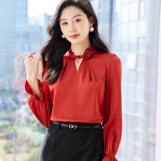 手工钉花缎面雪纺衫2024春装新款立领洋气小衫女衬衣0588 商品图3