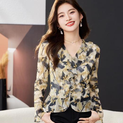 荷叶边碎花雪纺衫女2024春装新款洋气小衫长袖女衬衣1765 商品图3
