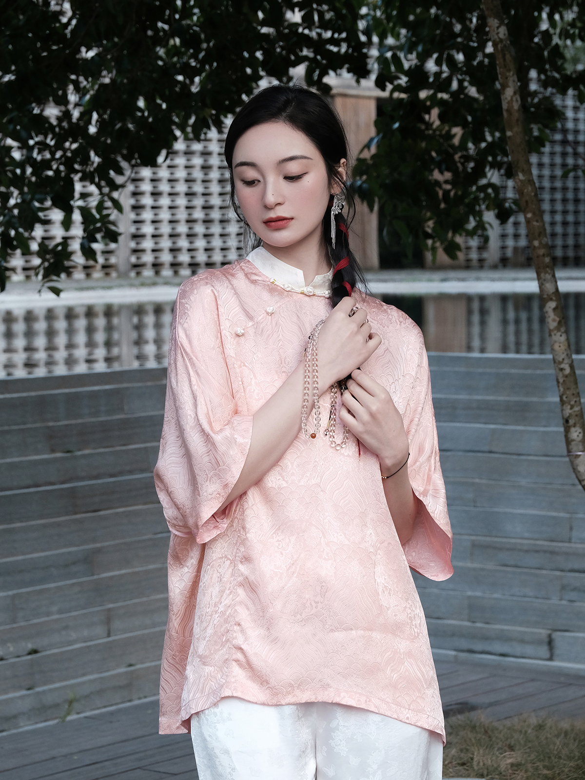 盛唐婧 |桃夭粉新中式国风提花上衣