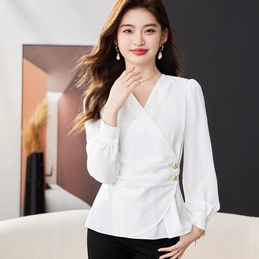 V领白色雪纺衫女上衣2024春装新款洋气小衫长袖女衬衣1771 商品图1