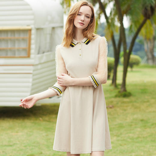 欧芮儿2019秋装新款七分袖连衣裙女 透视网纱拼接显瘦中长款A字裙 商品图1